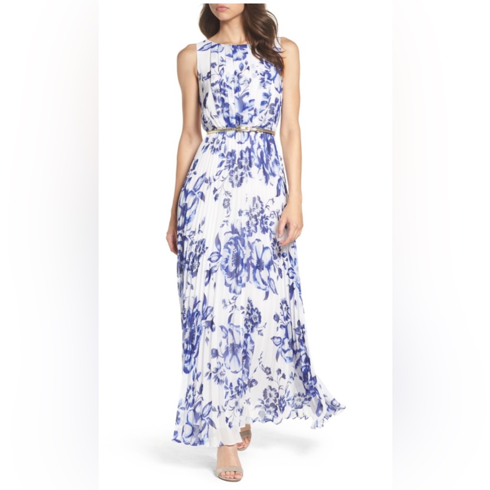 Eliza J Pleated Floral Chiffon Maxi Dress in Cobalt